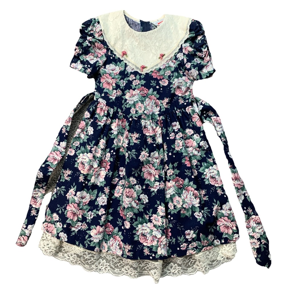 Vintage Britland Girls Dress Size 6 Floral Cottagecore Lace Collar USA Made EUC